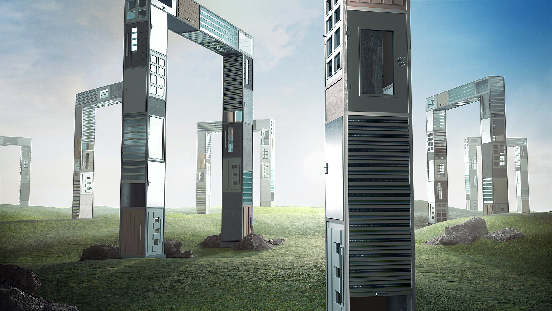 3D-Animation. In einer Landschaft sind viele Türme aus Türen und Toren zu sehen