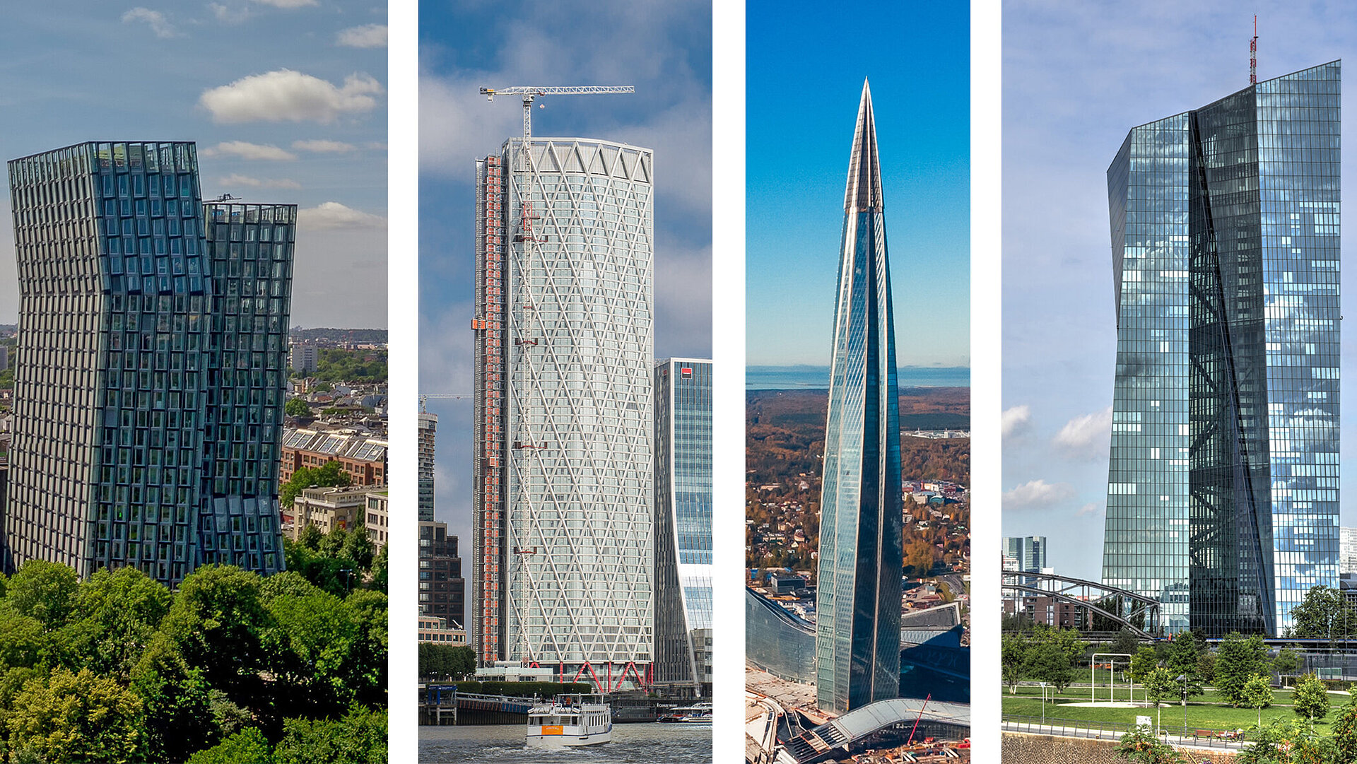 Auf vier Bildern sind Hochhäuser mit Glasfassaden weltweit unter Beteiligung des ift Rosenheim zu sehen.