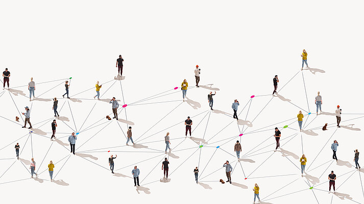 Netzwerk von Menschen in Vogelperspektive, verbunden mit Linien