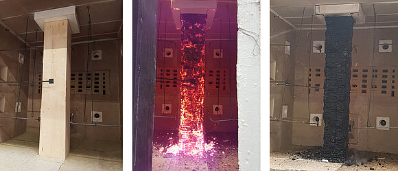 Das Foto zeigt die erfolgreiche Prüfung des Feuerwiderstands (120 Minuten) einer tragenden BSH-Stütze (520 x 560 x 3000 mm3) nach EN 1365-4 und EN 1363-1 im ift-Brandschutzzentrum