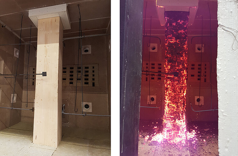 Das Foto zeigt die erfolgreiche Prüfung des Feuerwiderstands (120 Minuten) einer tragenden BSH-Stütze (520 x 560 x 3000 mm3) nach EN 1365-4 und EN 1363-1 im ift-Brandschutzzentrum