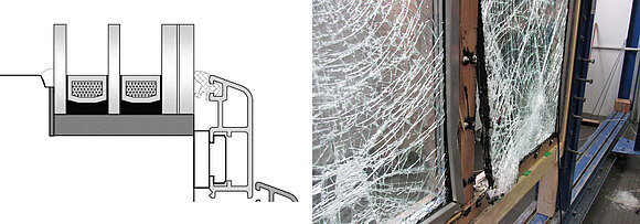 Das Bild zeigt als Beispiel ein Holz-Aluminiumfenster mit voll ausgefülltem Glasfalzgrund; links (Skizze): Querschnitt, rechts (Foto): keine durchgangsfähige Öffnung als Resultat der Prüfung der Glasanbindung (Bild: ift Rosenheim)