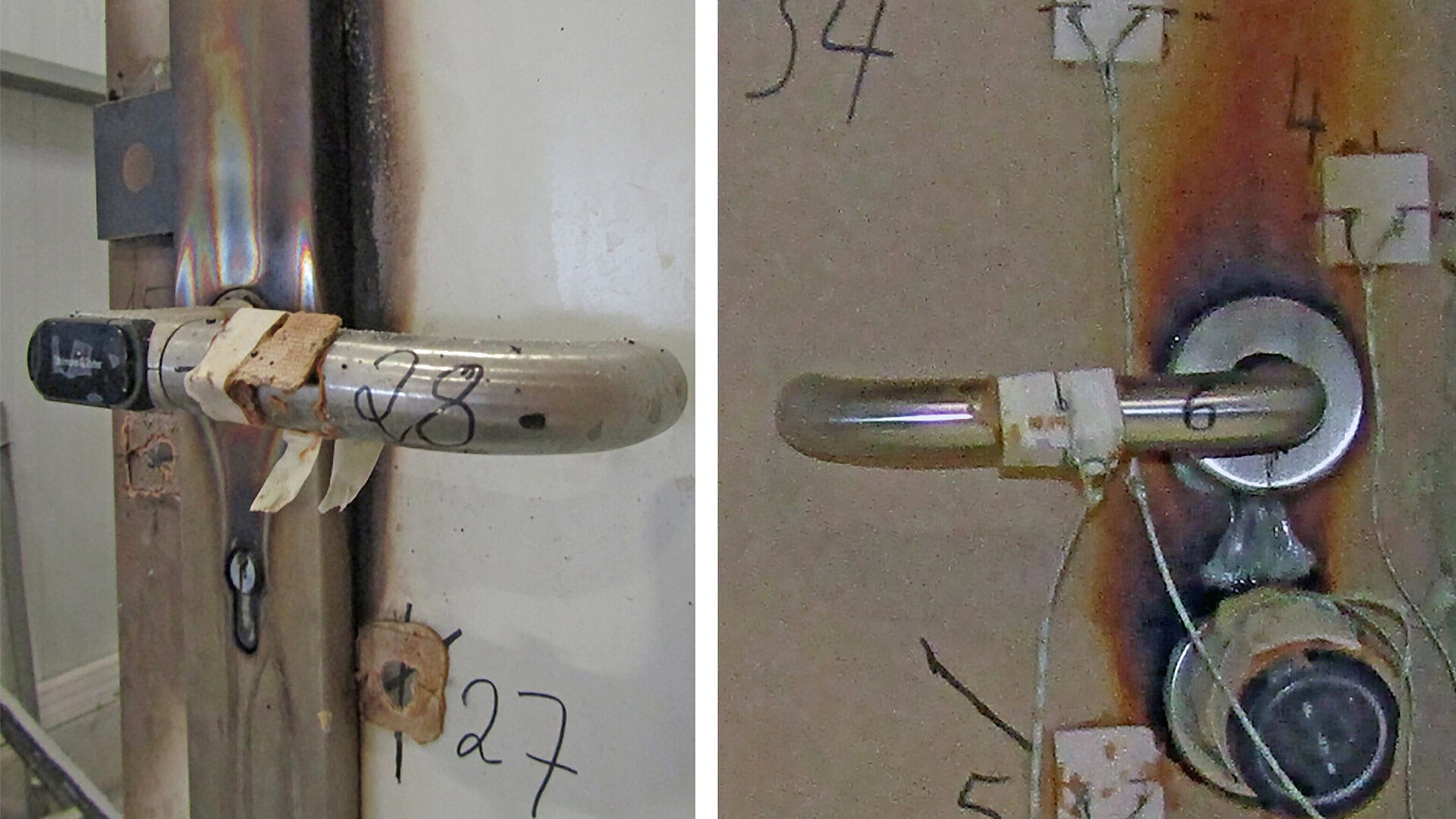 Auf den beiden Fotos ist jeweils eine Klinke nach der Brandprüfung zu sehen: eine davon mit einem elektronischen Drücker, die andere mit einem Zylinder.