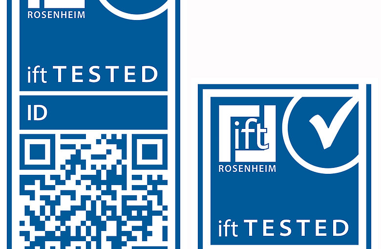 Blue ift-tested sign, left variant with QR code, right without