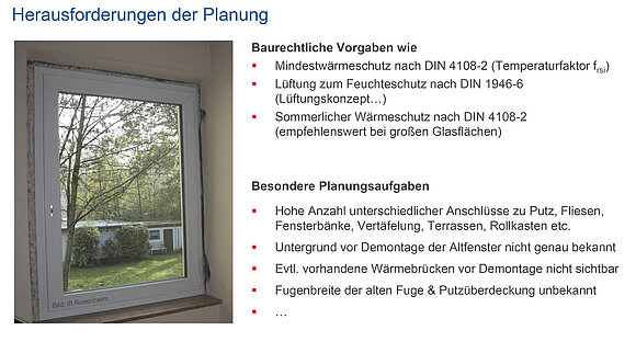 Das Bild zeigt links das Foto eines Fensters im Gebäude von innen und rechts eine Beschreibung der baurechtlichen Vorgaben und Planungsaufgaben (Quelle: ift Rosenheim)