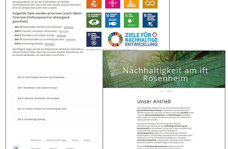 Das Schaubild zeigt die neue Themenseite "Nachhaltigkeit am ift Rosenheim" auf der Homepage des ift Rosenheim