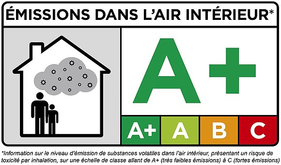 Zu sehen ist ein Label zum Thema Luftverschmutzung innerhalb vom Haus in französisch.