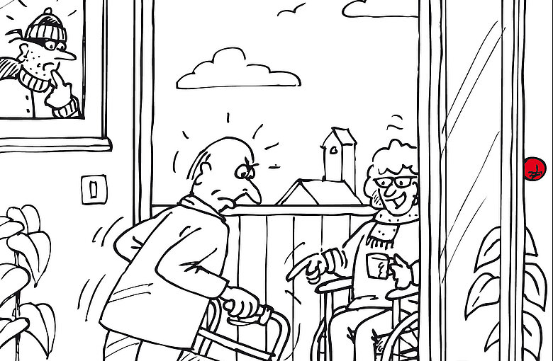 Karikatur zum Thema "Barrierefreihheit". Ein Mann mit einem Rolator stolpert wegen einer Türschwelle 