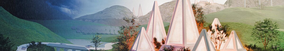 Futuristische 3D-Animation. Leuchtende Pyramiden in einer Landschaft mit Bergen, Fluss. Auf der rechten Seite Sonnenschein, auf der linken Seite Gewitter