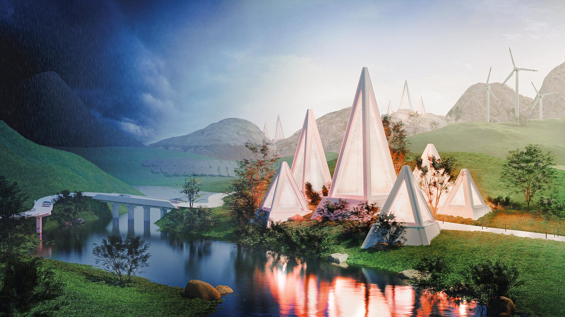 Futuristische 3D-Animation. Leuchtende Pyramiden in einer Landschaft mit Bergen, Fluss. Auf der rechten Seite Sonnenschein, auf der linken Seite Gewitter
