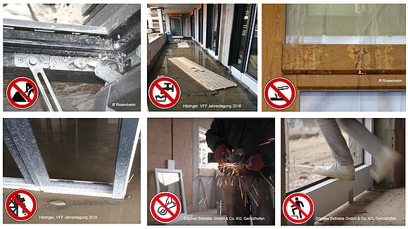 Sechs kleine Fotos zeigen, dass Fenster beim üblichen Bauablauf einem hohen Schadensrisiko durch andere Gewerke ausgesetzt sind. (Feuchtigkeit, Schmutz etc.).
