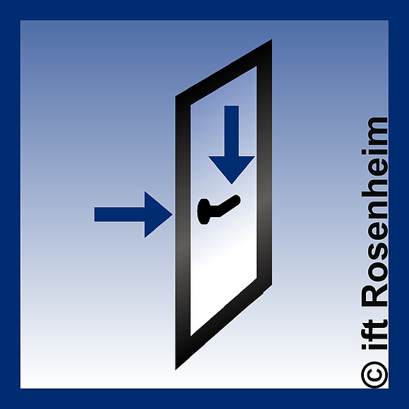 Die blaue Grafik zeigt zwei Pfeile (Bedienungskräfte), die auf eine Tür einwirken.