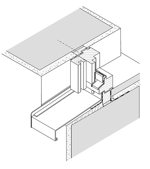 Die Zeichnung zeigt ein Anschlussbeispiel Holzfenster mit Rollladen und Leibungszarge (Blindstock) (Auszug aus Zeichnung Nr. 7 aus [1]).