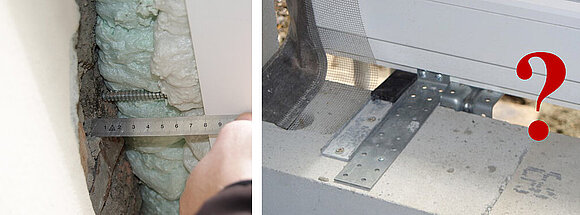 Zwei Bilder, links: Messung Fugenabstandes, rechts: Fenster wurde mit Lücke an Mauerwerk befestigt