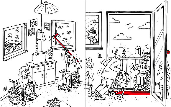 Comic, der Veranschaulicht, dass Personen mit körperlichen Einschränkungen Probleme mit Fenster haben können.