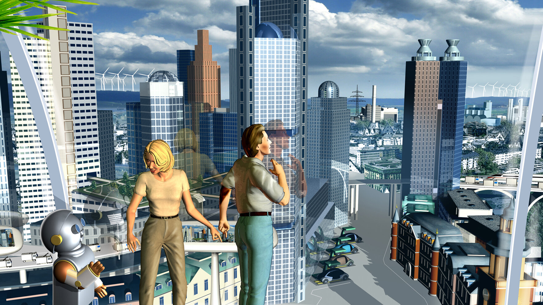 Das Bild zeigt die futuristische Grafik einer Stadt mit Hochhäusern unter dem Motto, dass Fenster, Fassaden und Bauelemente in Zukunft transparenter, adaptiv und digital sein und in virtuellen Verkaufsräumen konfiguriert und mit BIM-Systemen geplant werden.