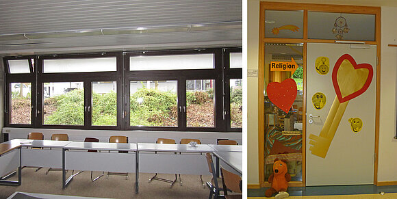 Foto von Fenstern eines Klassenzimmers und von der Tür, welche seitlich verglast ist.