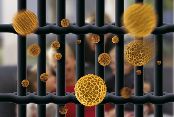 Die Mikroskopaufnahme zeigt die Wirkweise eines Pollenschutzgewebes, das durch elektrostatische Aufladung  Pollen geradezu „anzieht“ (Bild: Neher).