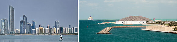 Auf dem linken Bild ist die Skyline von Abu Dhabi und das Meer zu sehen. Auf dem rechten Bild sieht man den Louvre von Abu Dhabi und Meer zu sehen.