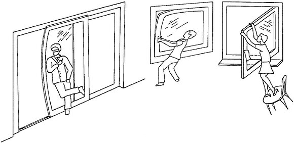 Zu sehen ist eine Zeichnung von drei Personen, die in einem Raum an jeweils einem fenster mithilfe ihres Körpers Kraft ausüben.