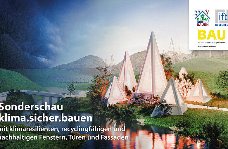 Das Bild zeigt eine Art Banner von der Sonderschau klima.sicher.bauen. Im Hintergrund sieht man eine hügelige Landschaft mit einem Fluss und einer Brücke sowie Pyramidenförmigen Gebäuden.