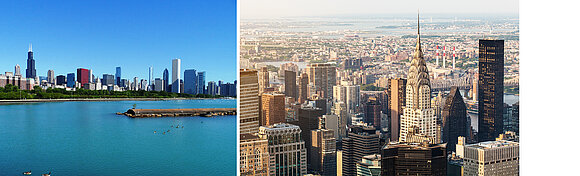 Auf dem linken Bild ist die Skyline von Chicago vom Wasser aus zu sehen. Auf dem rechten Bild ist ebenfalls die Skyline von Chicago von einem Hochhaus aus zu sehen.
