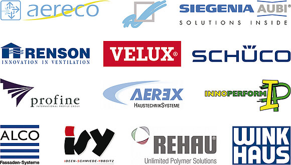 Zu sehen sind 13 verschiedene Logos, die die Projektpartner des Forschungsvorhabens "Einssatzempfehlung für Fensterlüfter" sind.