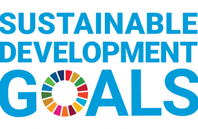 Auf dem Schaubild ist in großen blauen Buchstaben "Sustainable development goals" geschrieben