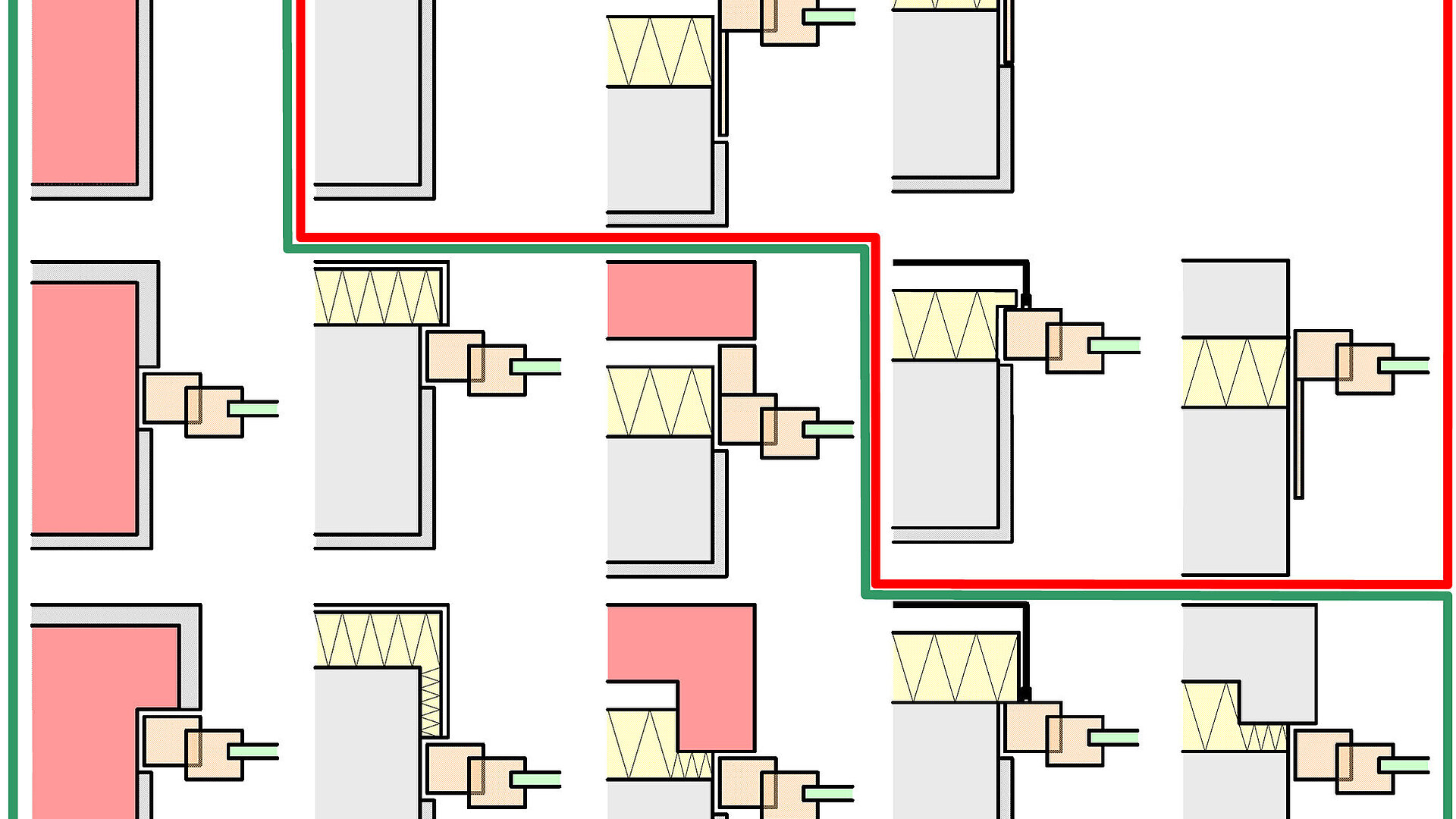 Die Grafik zeigt 14 verschiedene Fenstereinbausituationen im Bezug auf deren Schallfunktion. Fünf davon sind rot umrahmt, da sie im gemäß DIN 4109-2 schalltechnisch kritisch sind.