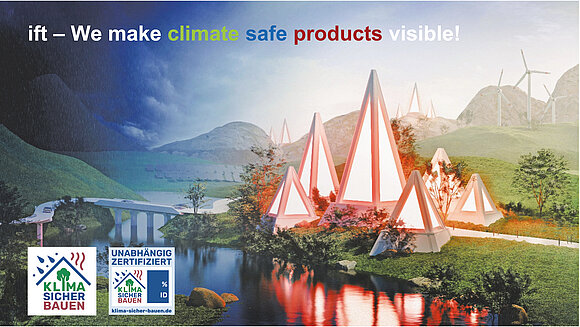 The 3D graphic shows a natural landscape with wind turbines and pyramid-shaped buildings that glow red.