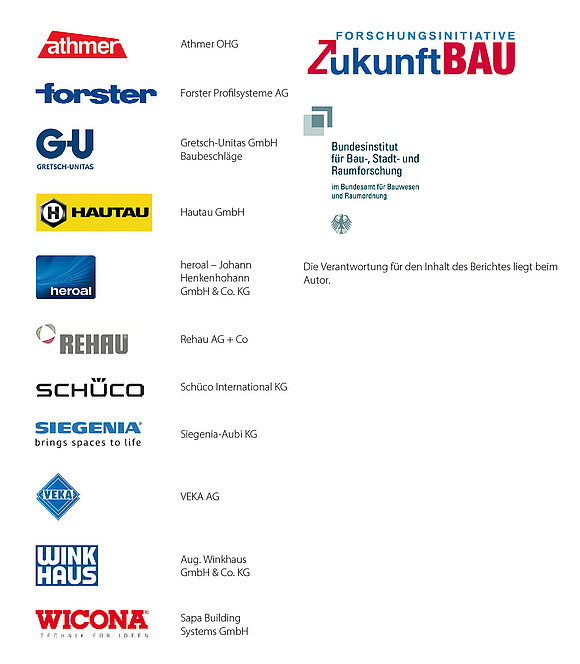 Zählt die Firmen auf die Unterstützer des F+E Projekts sind. Dabei sind: Athmer OHG, Forster Profilsysteme AG, Gretsch-Unitas GmbH Baubeschläge, Hautau GmbH, heroal - Johann Henkenhohann GmbH & Co. AG, Schüco International KG, Siegenia-Aubi KG, VEKA AG Aug. Winkhaus GmbH & Co. KG und Sapa Building Systems GmbH.
