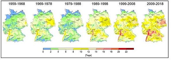 Das Schaubild zeigt 5 Wärmebildaufnahme Daeutschlands zwischen 1995 und 2018 mit Temperaturbezeichnung de Farben. 