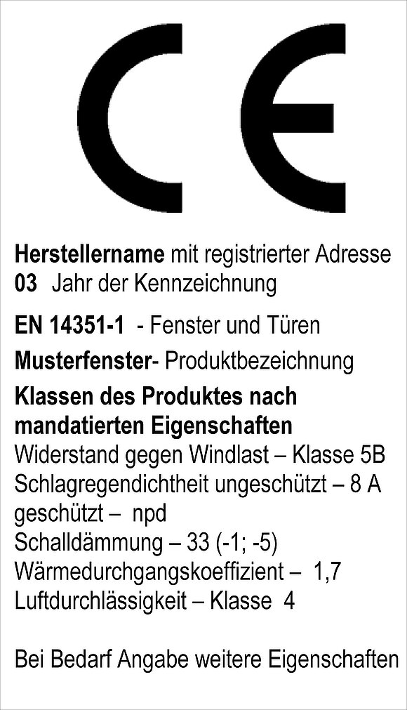 Zu sehen ist das "CE-Zeichen" sowie weitere Informationen über das jeweilige produkt (Herstellername, Jahr, EN, Produktbezeichnung und Klassen des Produkts).