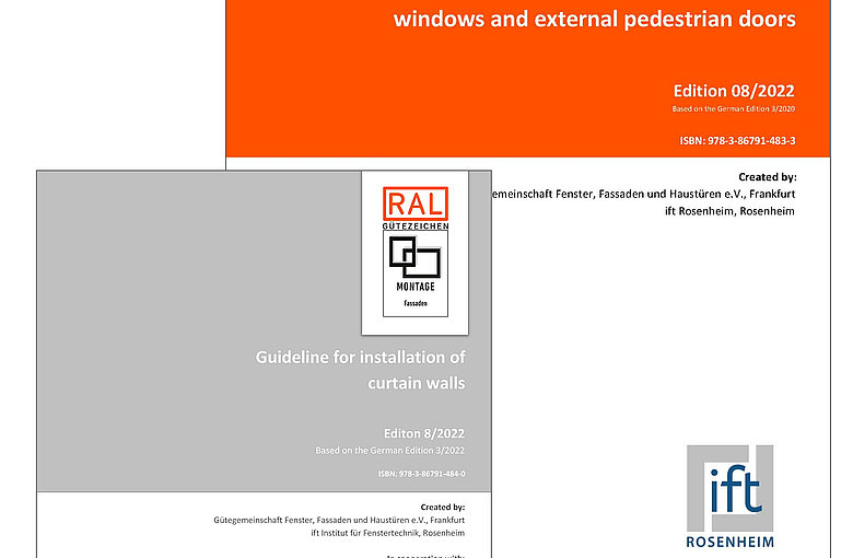 The picture shows the cover of the two installation guides for windows and exterior doors as well as for curtain walls.