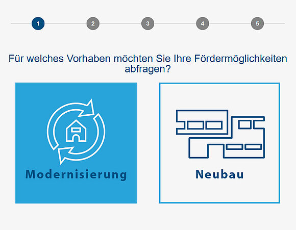 Screenshot des VFF Fördermittel-Assistenten, Auswahl "Modernisierung" oder "Neubau"