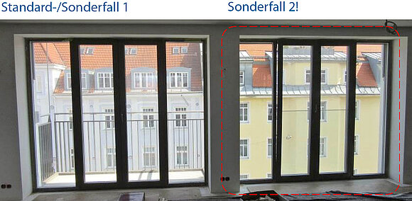 Auf dem Foto sind zwei bodentiefe Fensterelemente zu sehen, von denen das linke einen Balkon mit Geländer hat und das rechte einen französischen Balkon.