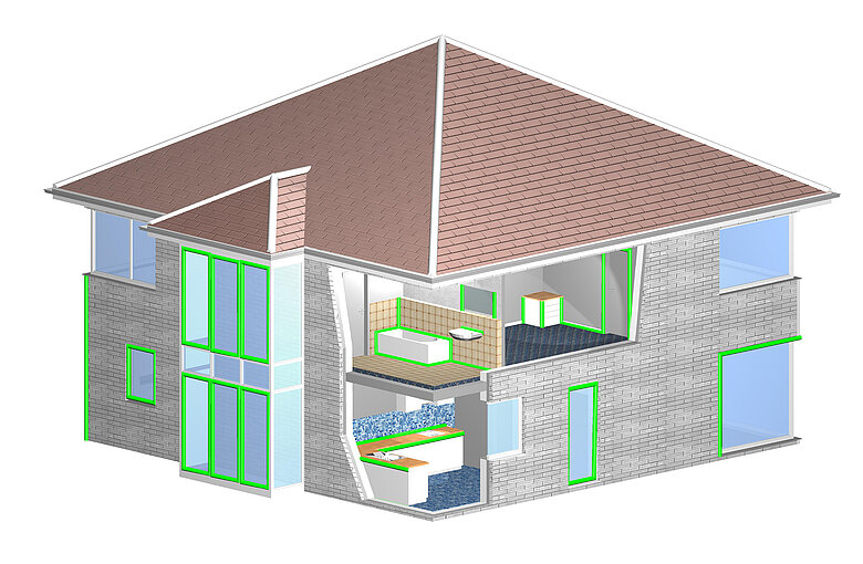 Grafik eines 3D-Hauses, um verschiedenen Anwendungen von Kleb- und Dichtstoffen in Fenstern, Fassaden, Türen und Bauanschlussfugen zu zeigen