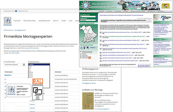 Zu sehen sind zwei screenshots von websites(KPK-Liste der Kriminalpolizei und zertifizierte Montagebetriebe auf der ift website).
