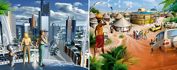 Zu sehen sind zwei Bilder von nachhaltigen und moderne Wohnwelten der Zukunft in Megacities und auf dem Land.